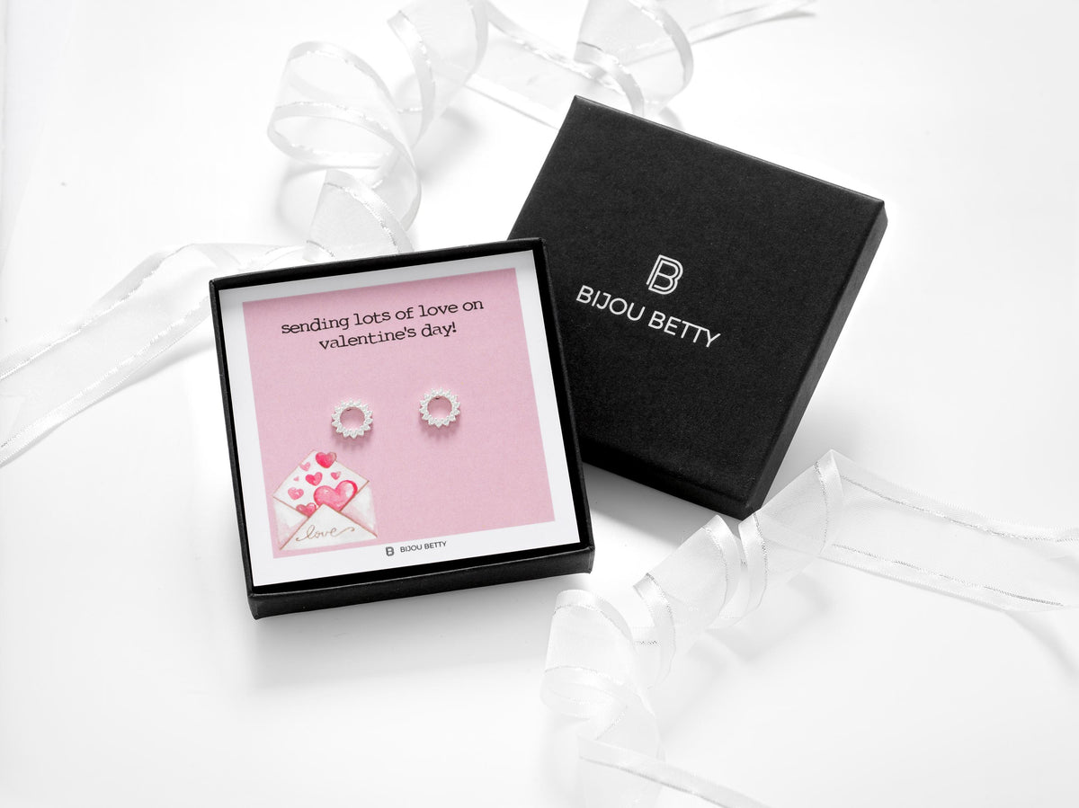 Sterling silver 10mm sunburst earrings in Bijou Betty box with Valentine's Day card, ideal for wives.