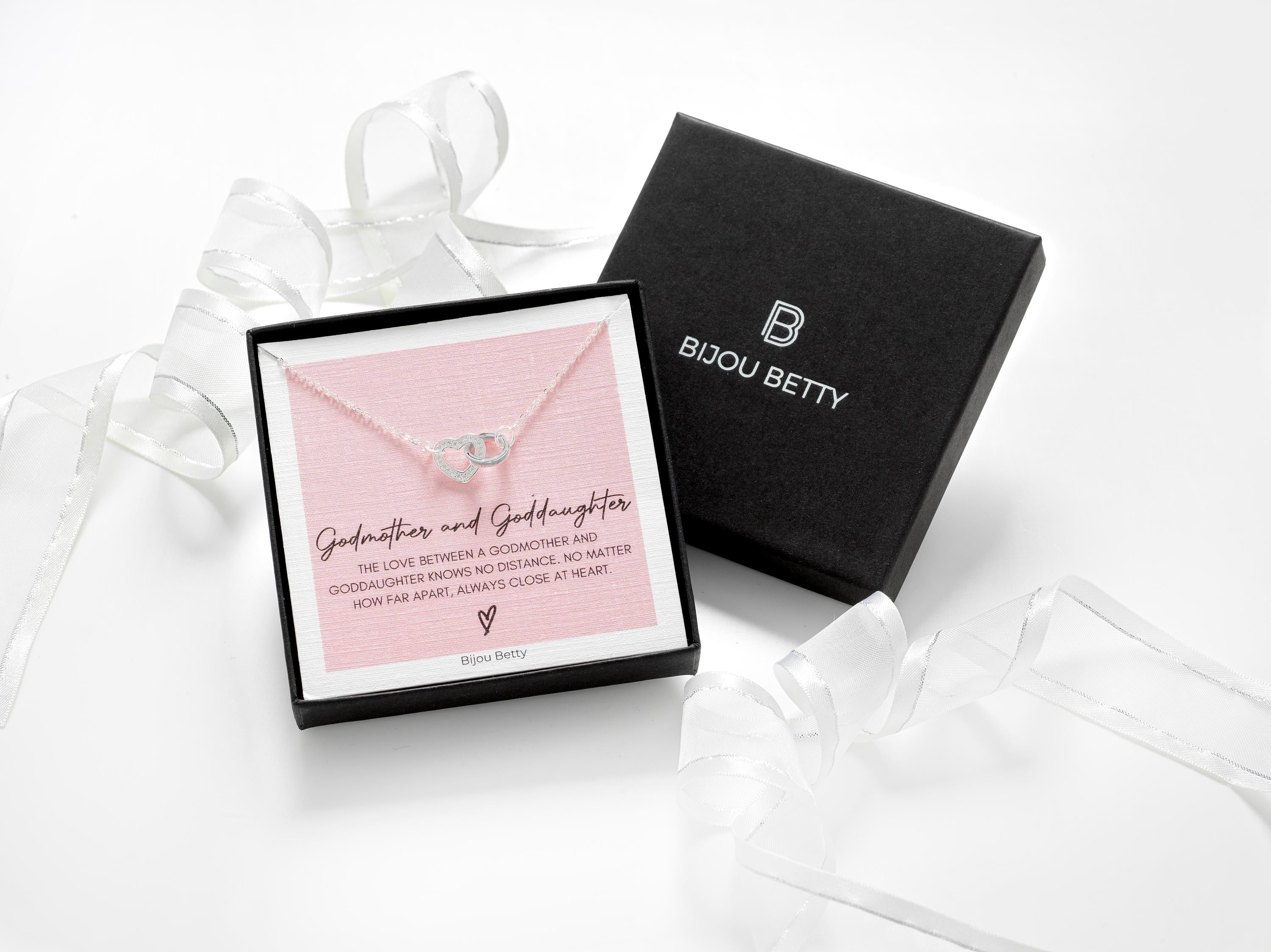 Sterling silver godmother goddaughter necklace with heart pendant and CZ stones in Bijou Betty gift box.
