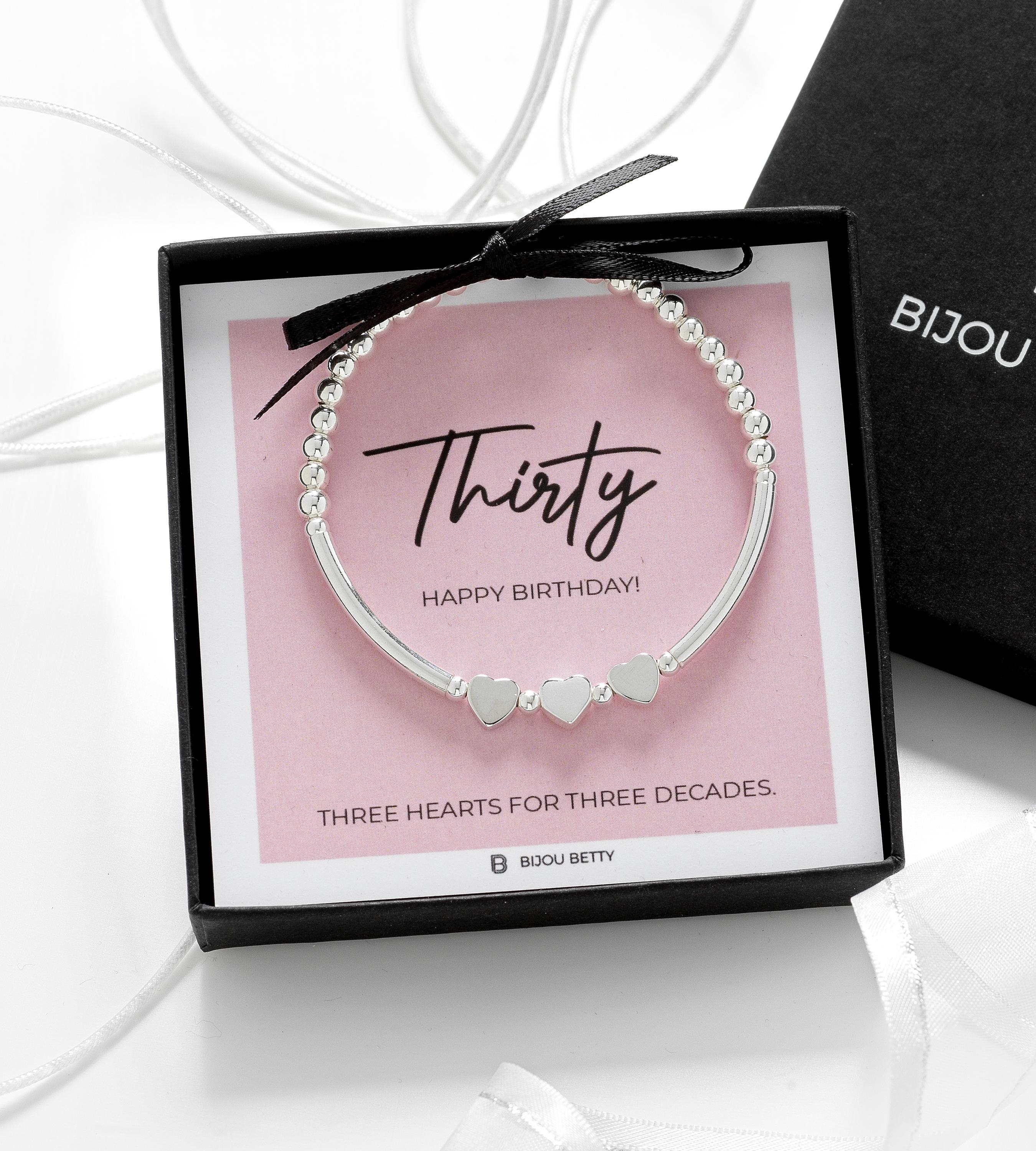 925 sterling silver bracelet with three heart charms, stretch bead bracelet for 30th birthday, delicate stacking jewellery gift for daughter, sister or friend, luxury gift box included