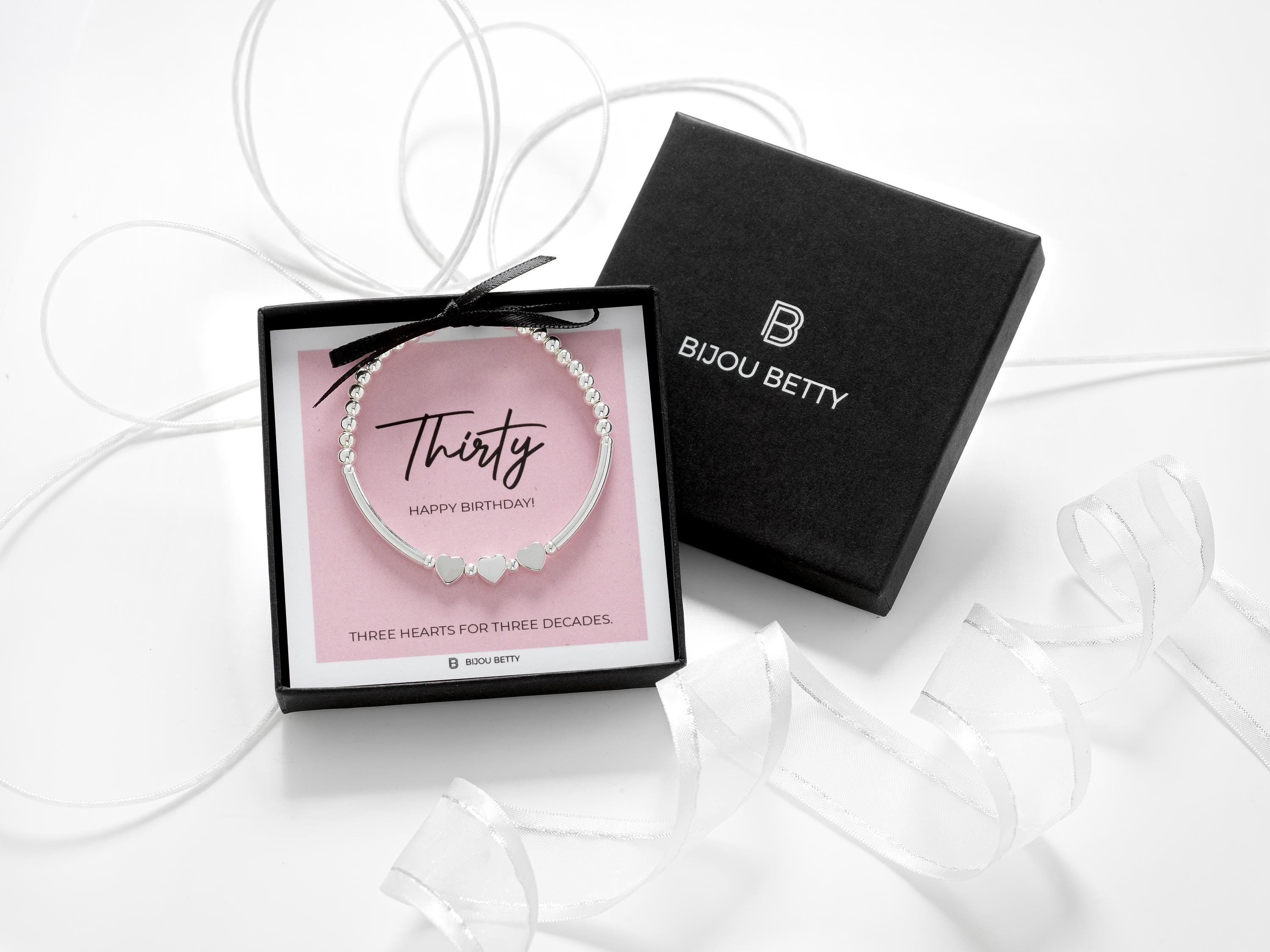 Sterling Silver 30th Birthday Bracelet – 3 Heart Beads Gift for Her