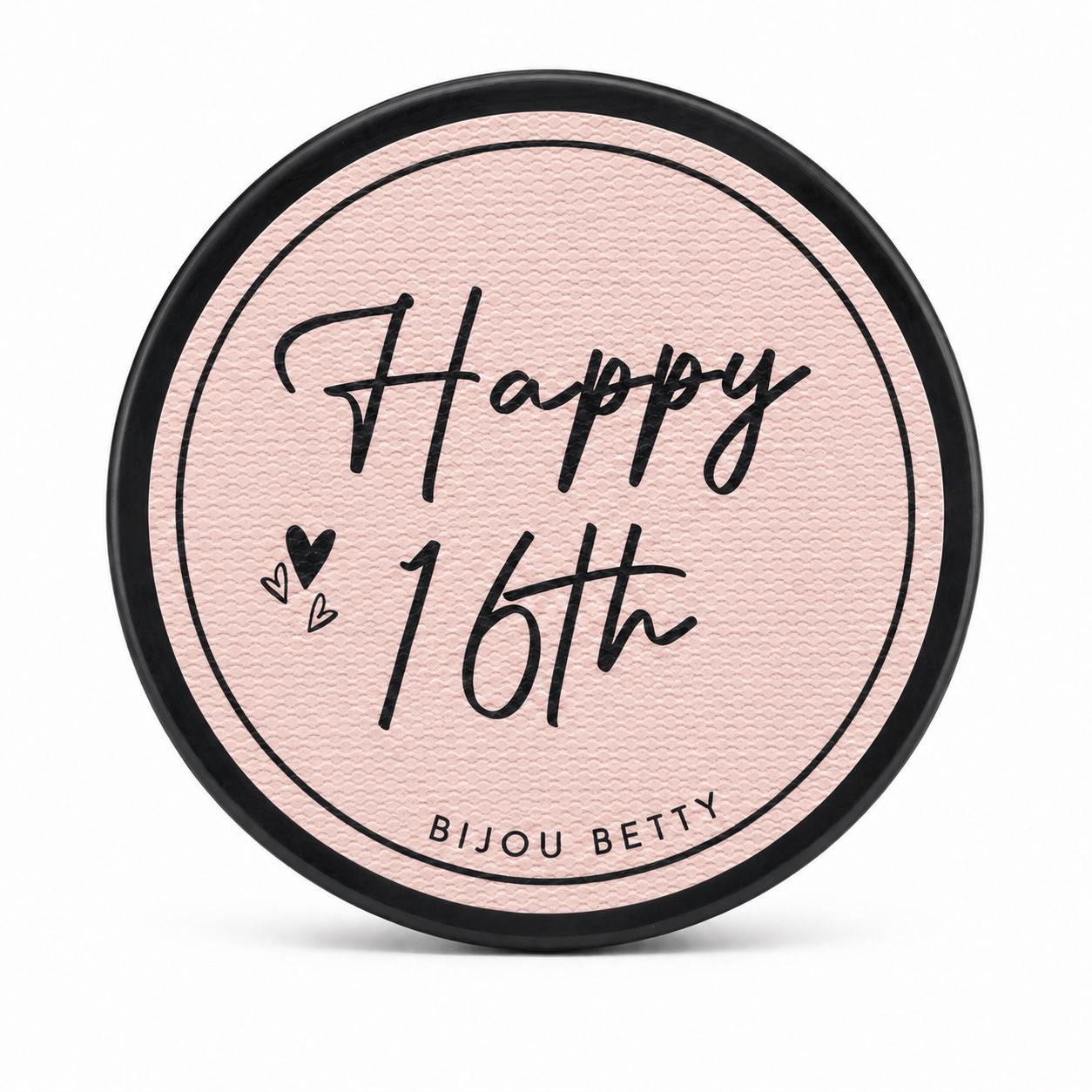 Bijou Betty 16th birthday gift tin with “Happy 16th” printed on the lid