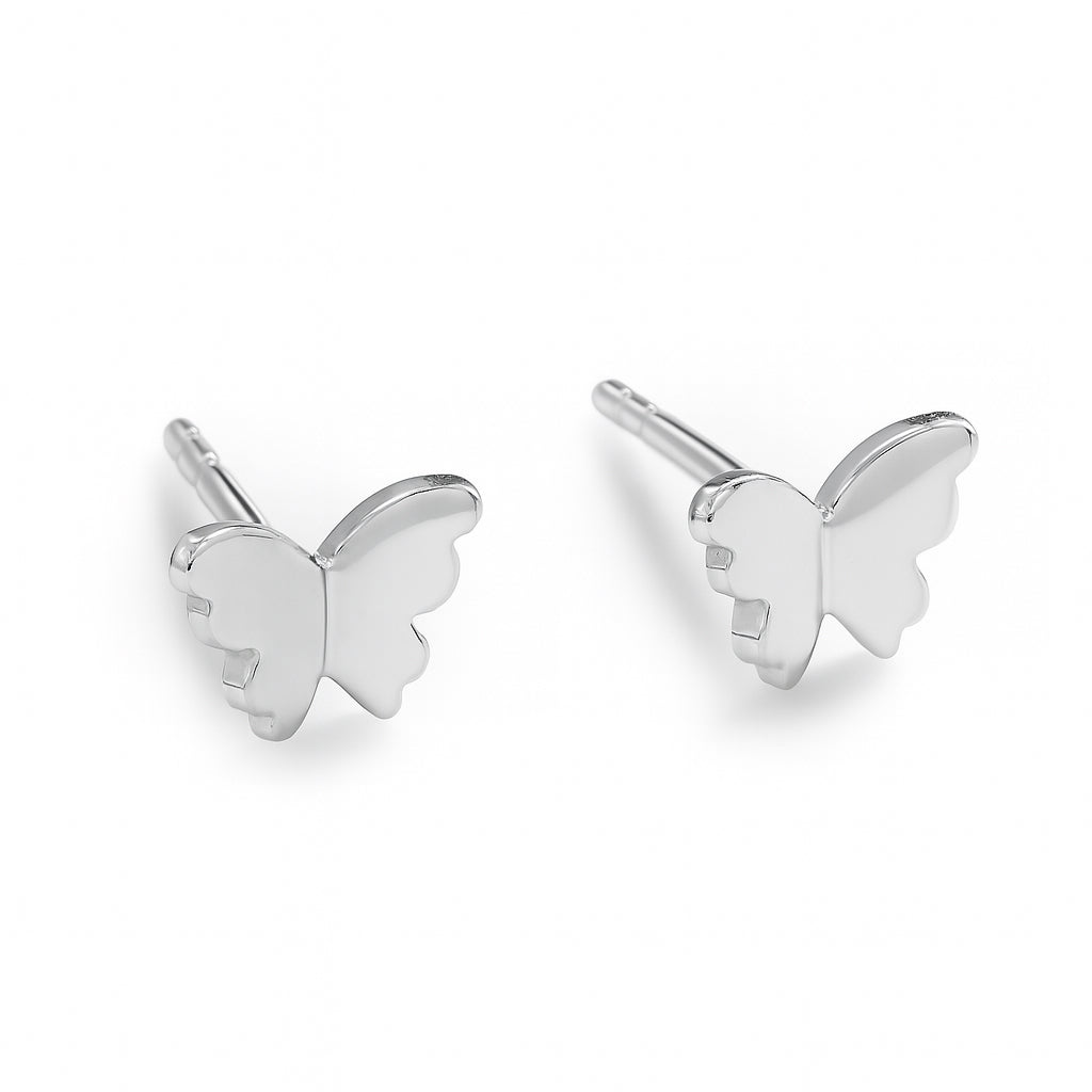 Silver butterfly stud earrings on a white background